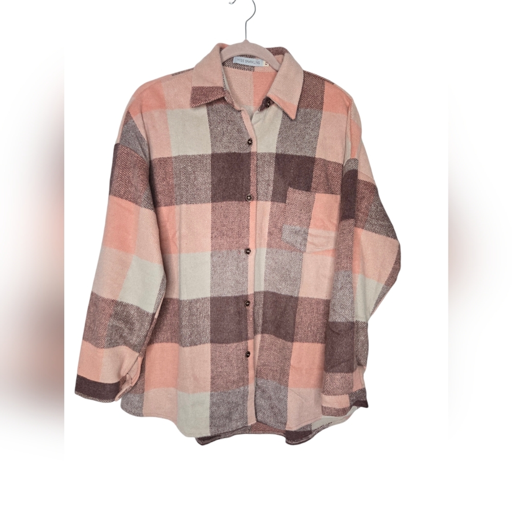 🩷MISS SPARKLING PLAID FLANNEL SHACKET PINK/BROWN/CREAM XL